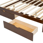 Queen Size Platform Bed Frame with Rattan Headboard & 2 Drawers and Pull Out Trundle, Wood Bed Frame with Shelves