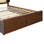 Queen Size Platform Bed Frame with Rattan Headboard & 2 Drawers and Pull Out Trundle, Wood Bed Frame with Shelves