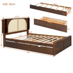 Queen Size Platform Bed Frame with Rattan Headboard & 2 Drawers and Pull Out Trundle, Wood Bed Frame with Shelves