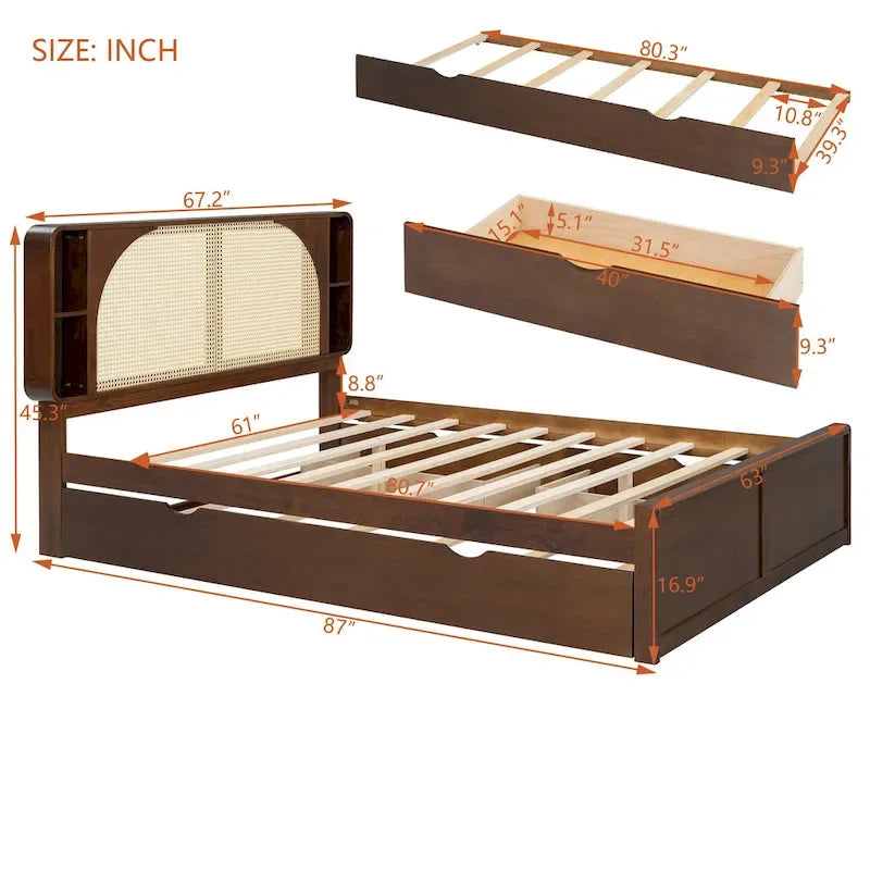 Queen Size Platform Bed Frame with Rattan Headboard & 2 Drawers and Pull Out Trundle, Wood Bed Frame with Shelves