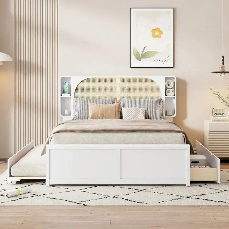 Queen Size Platform Bed Frame with Rattan Headboard & 2 Drawers and Pull Out Trundle, Wood Bed Frame with Shelves