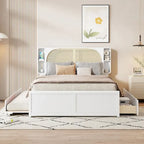 Queen Size Platform Bed Frame with Rattan Headboard & 2 Drawers and Pull Out Trundle, Wood Bed Frame with Shelves
