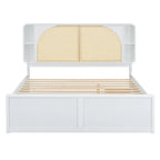 Queen Size Platform Bed Frame with Rattan Headboard & 2 Drawers and Pull Out Trundle, Wood Bed Frame with Shelves