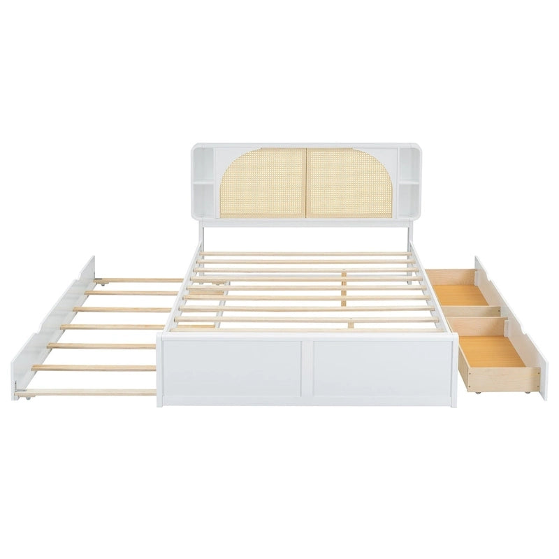 Queen Size Platform Bed Frame with Rattan Headboard & 2 Drawers and Pull Out Trundle, Wood Bed Frame with Shelves