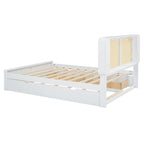 Queen Size Platform Bed Frame with Rattan Headboard & 2 Drawers and Pull Out Trundle, Wood Bed Frame with Shelves