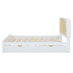 Queen Size Platform Bed Frame with Rattan Headboard & 2 Drawers and Pull Out Trundle, Wood Bed Frame with Shelves