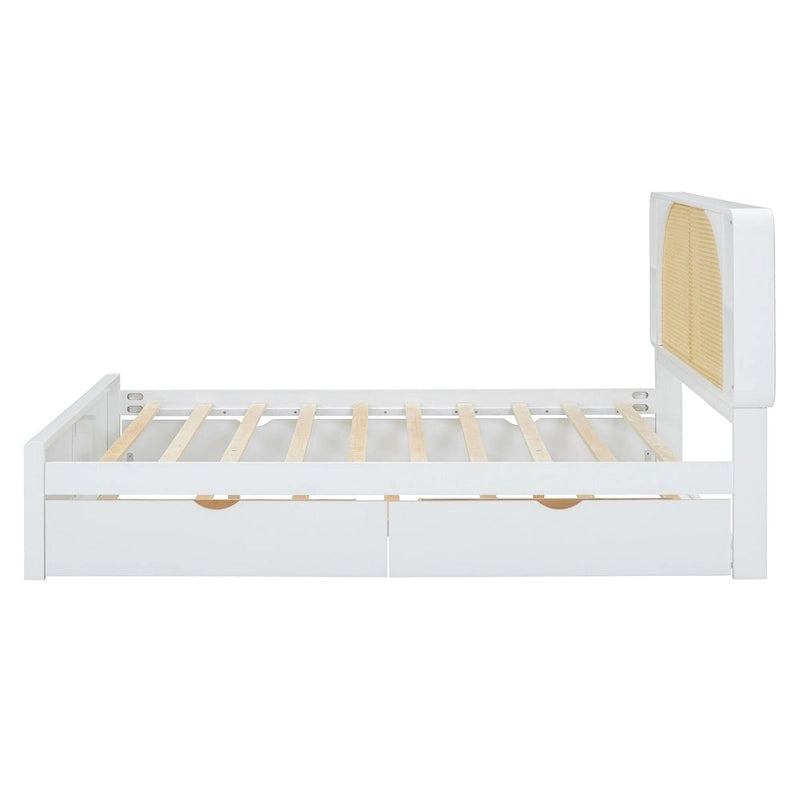 Queen Size Platform Bed Frame with Rattan Headboard & 2 Drawers and Pull Out Trundle, Wood Bed Frame with Shelves