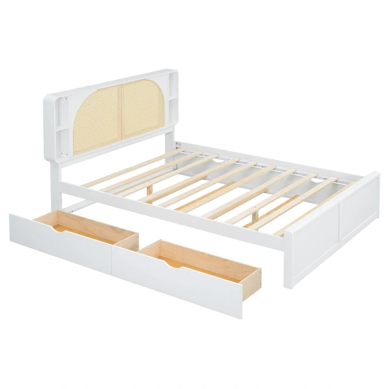 Queen Size Platform Bed Frame with Rattan Headboard & 2 Drawers and Pull Out Trundle, Wood Bed Frame with Shelves