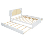 Queen Size Platform Bed Frame with Rattan Headboard & 2 Drawers and Pull Out Trundle, Wood Bed Frame with Shelves