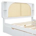 Queen Size Platform Bed Frame with Rattan Headboard & 2 Drawers and Pull Out Trundle, Wood Bed Frame with Shelves