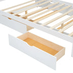Queen Size Platform Bed Frame with Rattan Headboard & 2 Drawers and Pull Out Trundle, Wood Bed Frame with Shelves