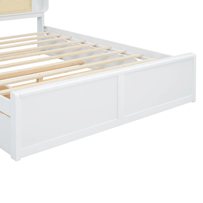 Queen Size Platform Bed Frame with Rattan Headboard & 2 Drawers and Pull Out Trundle, Wood Bed Frame with Shelves
