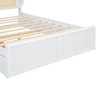 Queen Size Platform Bed Frame with Rattan Headboard & 2 Drawers and Pull Out Trundle, Wood Bed Frame with Shelves