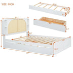 Queen Size Platform Bed Frame with Rattan Headboard & 2 Drawers and Pull Out Trundle, Wood Bed Frame with Shelves