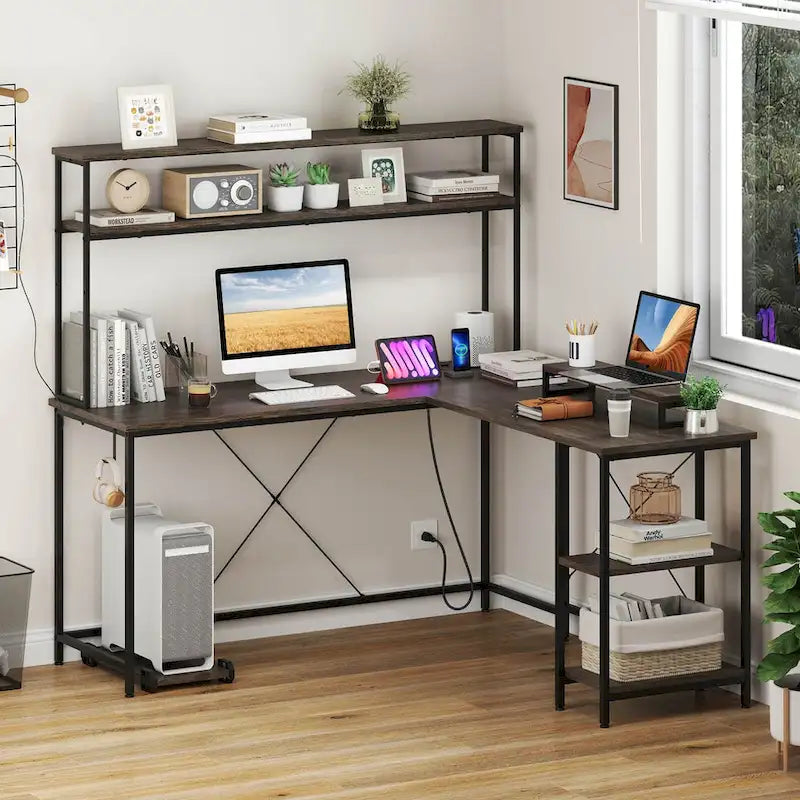 Costway L-Shaped Gaming Desk with LED Strip & Power Outlets Hutch - See Details