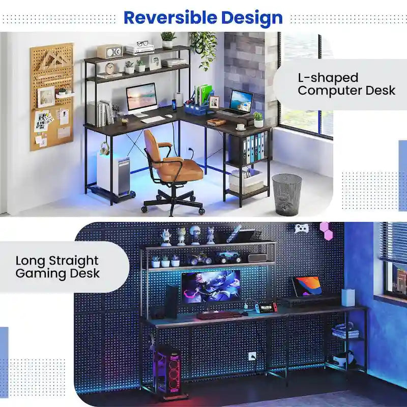 Costway L-Shaped Gaming Desk with LED Strip & Power Outlets Hutch - See Details