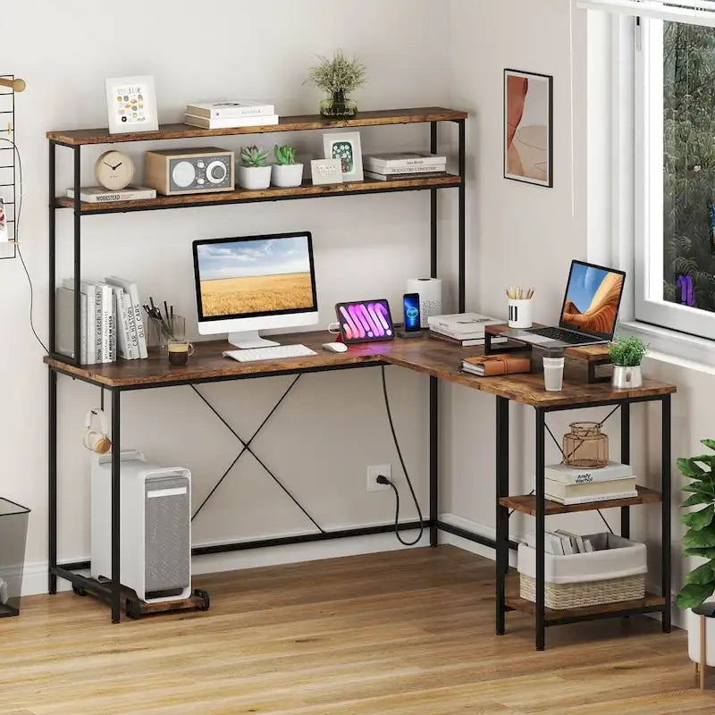 Costway L-Shaped Gaming Desk with LED Strip & Power Outlets Hutch - See Details