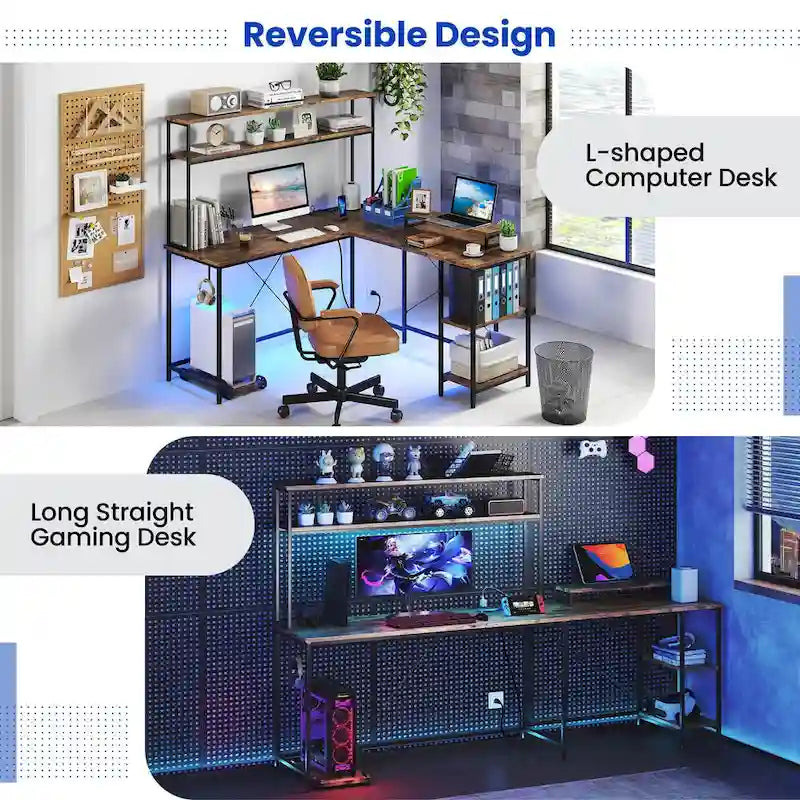 Costway L-Shaped Gaming Desk with LED Strip & Power Outlets Hutch - See Details