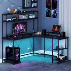 Costway L-Shaped Gaming Desk with LED Strip & Power Outlets Hutch - See Details