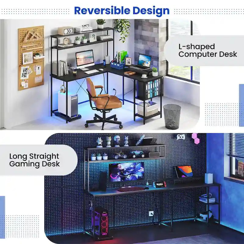 Costway L-Shaped Gaming Desk with LED Strip & Power Outlets Hutch - See Details