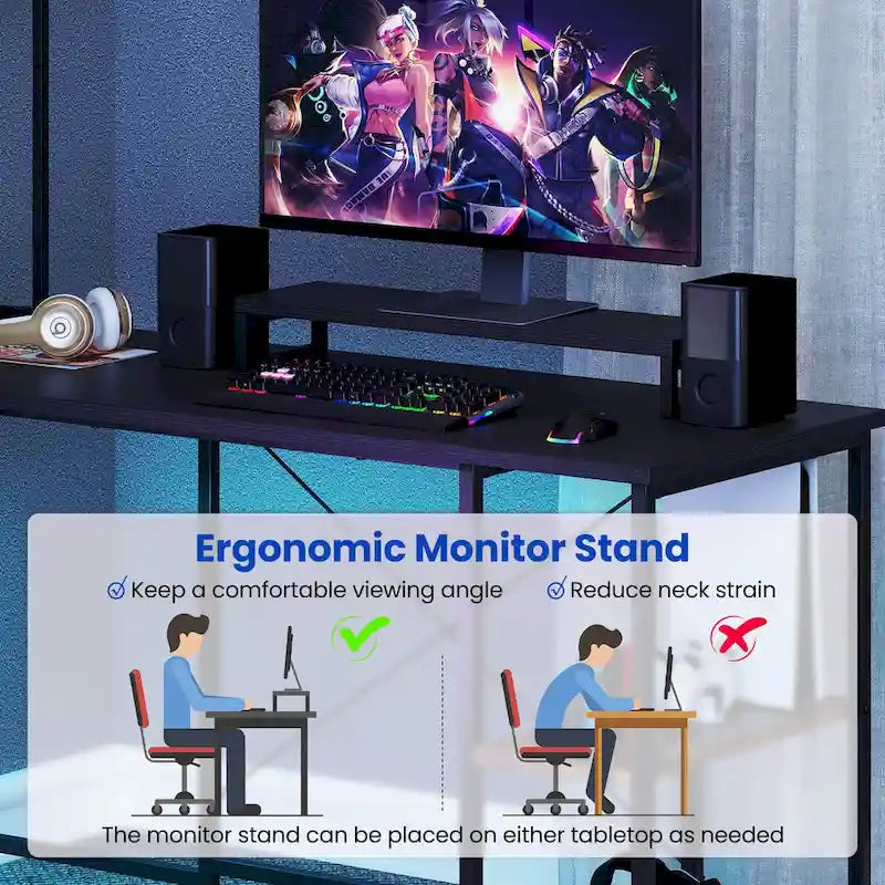Costway L-Shaped Gaming Desk with LED Strip & Power Outlets Hutch - See Details