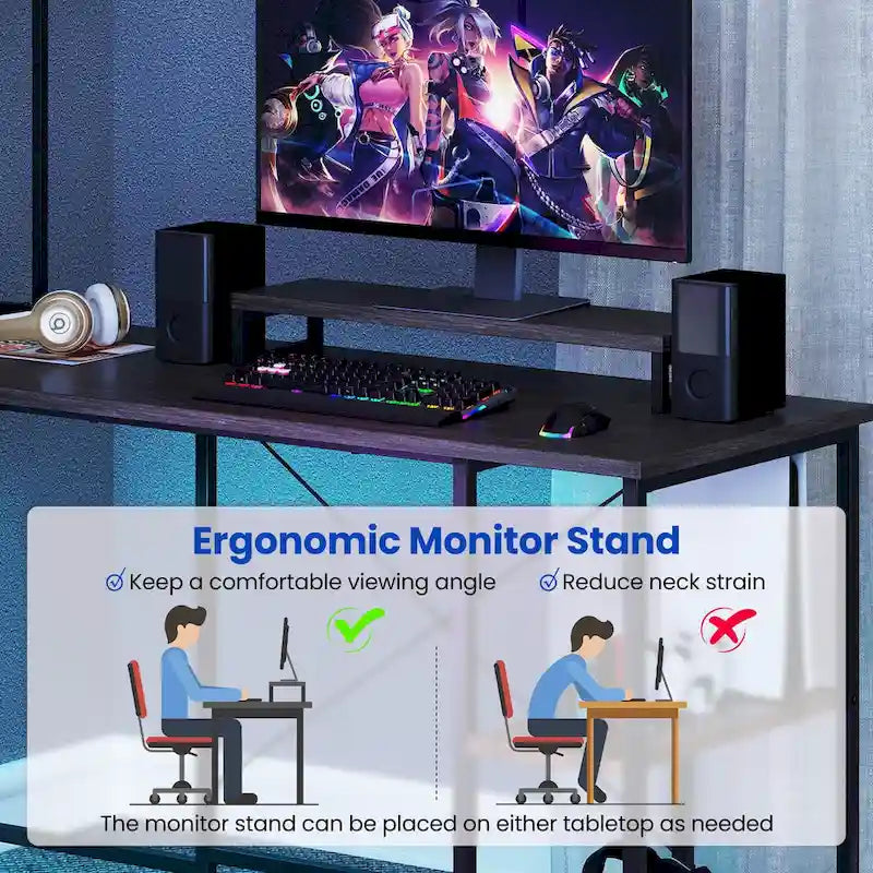 Costway L-Shaped Gaming Desk with LED Strip & Power Outlets Hutch - See Details