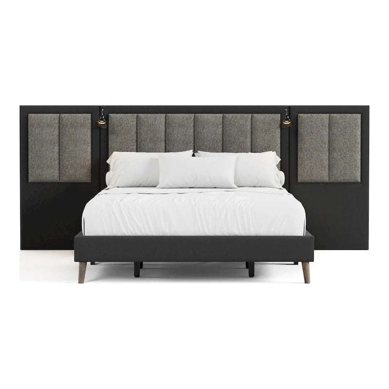 Furniture of America Orelo Modern Dark Brown Extended Wall Panel Bed with Reading Lights