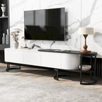 Modern Black White Retractable TV Stand with 3 Drawers and Metal Adjustable Legs for Living Room Bedroom