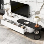Modern Black White Retractable TV Stand with 3 Drawers and Metal Adjustable Legs for Living Room Bedroom