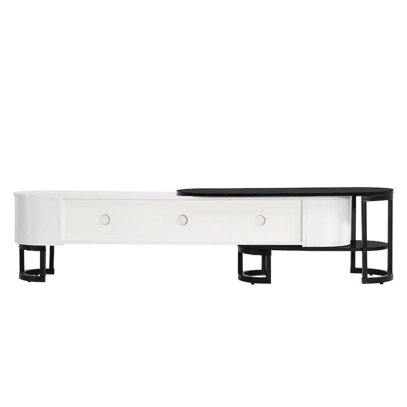 Modern Black White Retractable TV Stand with 3 Drawers and Metal Adjustable Legs for Living Room Bedroom