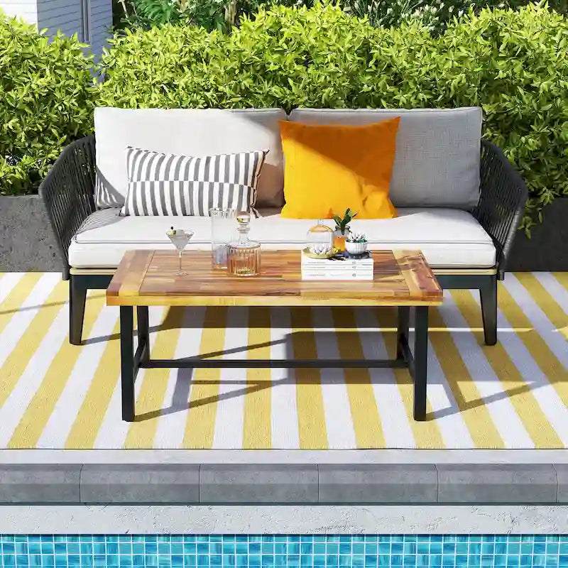 Gymax Acacia Wood Coffee Table Indoor Outdoor Rectangle Center Table