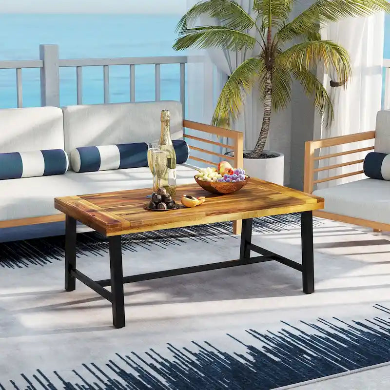 Gymax Acacia Wood Coffee Table Indoor Outdoor Rectangle Center Table