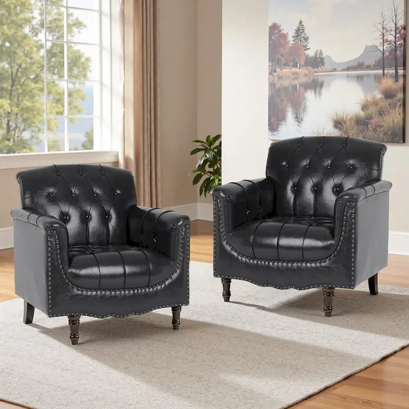 Tufted Vegan Leather Accent Chairs Set of 2, Armchair with Nailhead Trim
