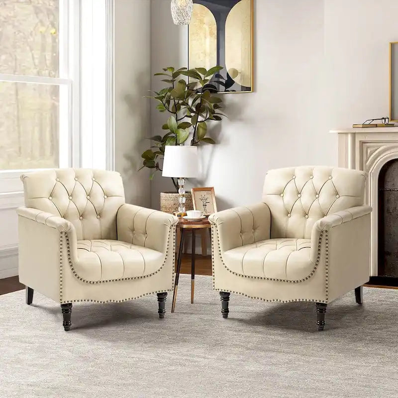 Tufted Vegan Leather Accent Chairs Set of 2, Armchair with Nailhead Trim