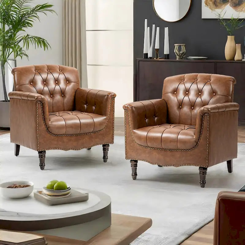 Tufted Vegan Leather Accent Chairs Set of 2, Armchair with Nailhead Trim