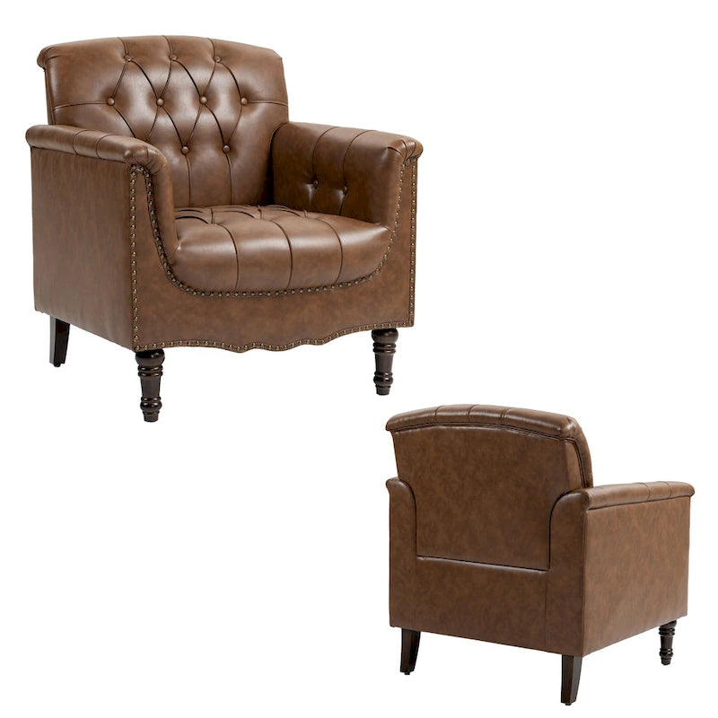 Tufted Vegan Leather Accent Chairs Set of 2, Armchair with Nailhead Trim
