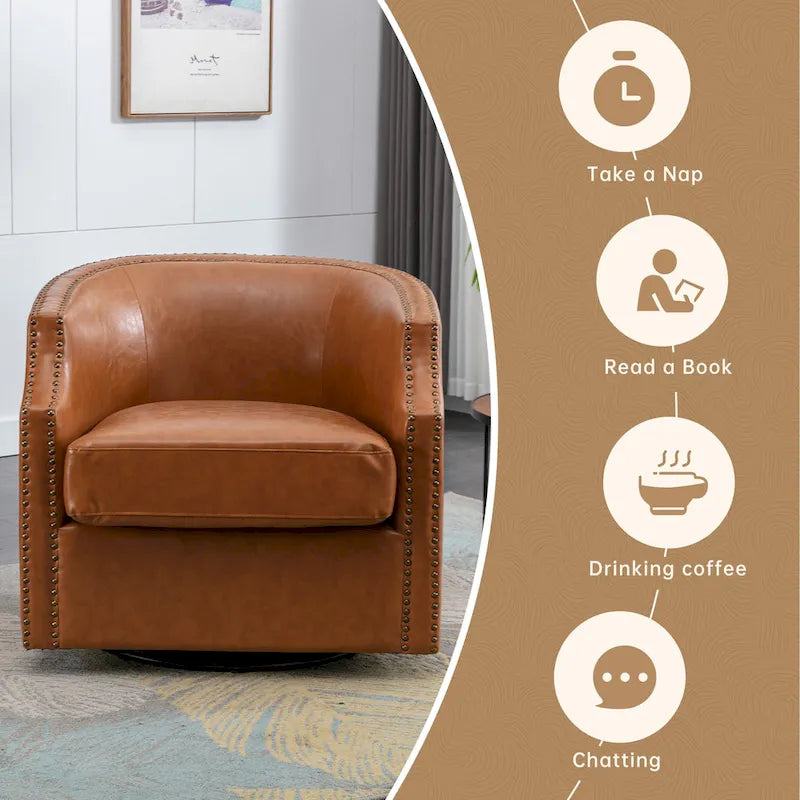GALDWIN PU Leather/Linen Upholstered 360Degree Swivel Rivet Barrel Chair for Living Room