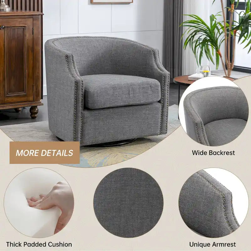 GALDWIN PU Leather/Linen Upholstered 360Degree Swivel Rivet Barrel Chair for Living Room