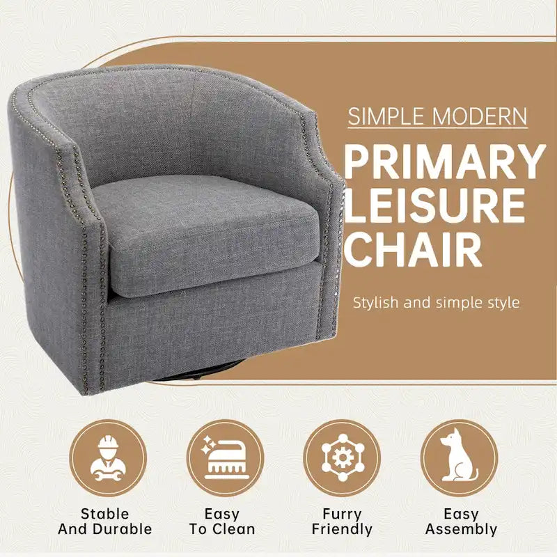 GALDWIN PU Leather/Linen Upholstered 360Degree Swivel Rivet Barrel Chair for Living Room