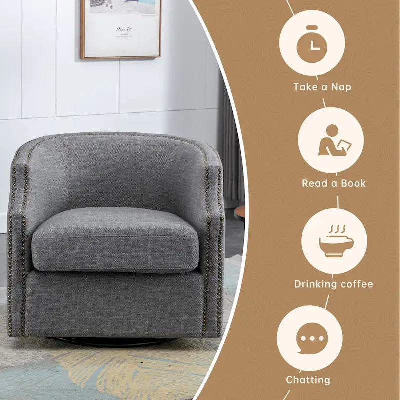 GALDWIN PU Leather/Linen Upholstered 360Degree Swivel Rivet Barrel Chair for Living Room