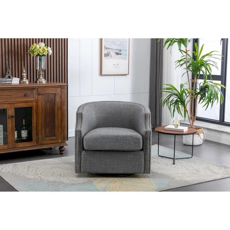 GALDWIN PU Leather/Linen Upholstered 360Degree Swivel Rivet Barrel Chair for Living Room