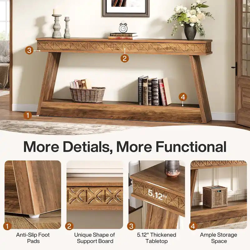 70.8-Inch Extra Long Console Table with Storage Shelf, 2-Tier Farmhouse Entryway Table - 70.87 L x 11.81 W x 31.5 H