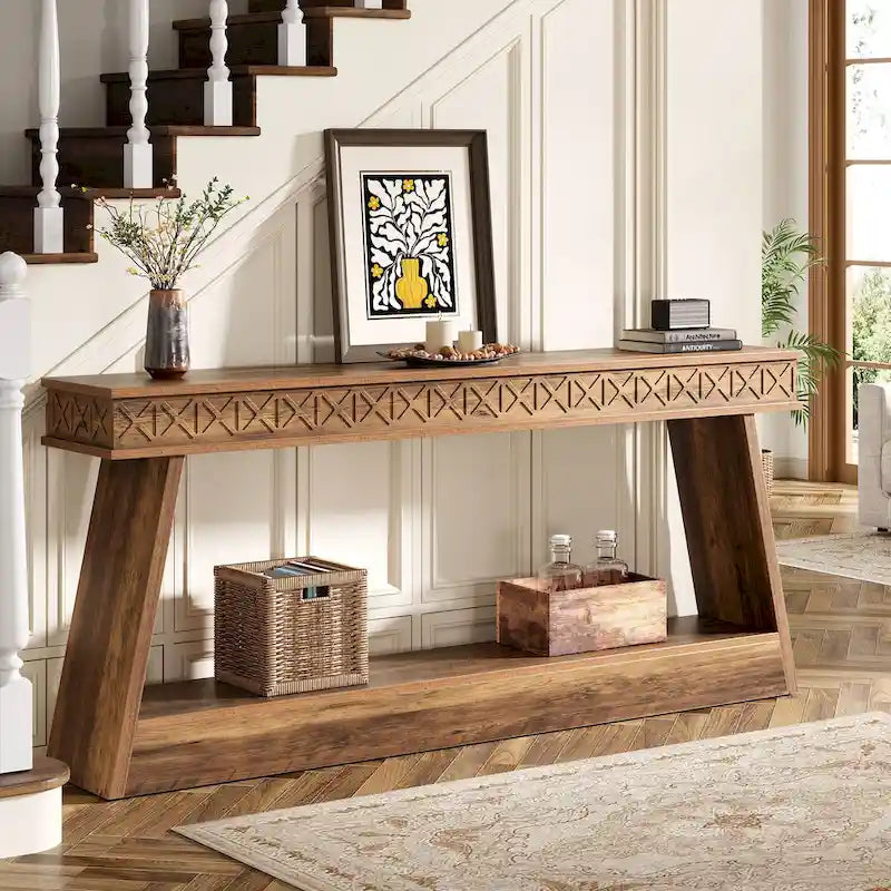 70.8-Inch Extra Long Console Table with Storage Shelf, 2-Tier Farmhouse Entryway Table - 70.87 L x 11.81 W x 31.5 H
