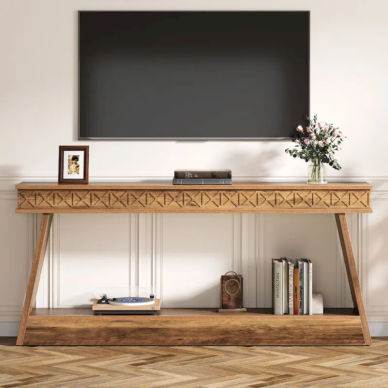 70.8-Inch Extra Long Console Table with Storage Shelf, 2-Tier Farmhouse Entryway Table - 70.87 L x 11.81 W x 31.5 H
