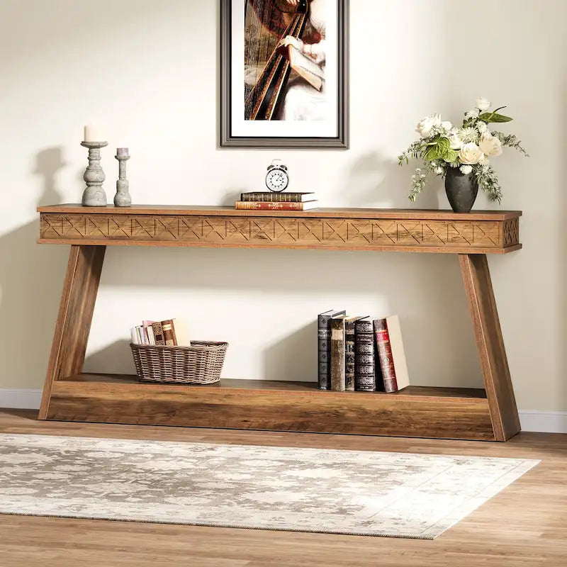 70.8-Inch Extra Long Console Table with Storage Shelf, 2-Tier Farmhouse Entryway Table - 70.87 L x 11.81 W x 31.5 H