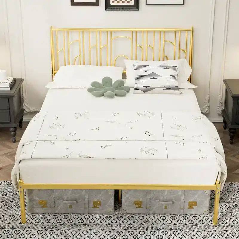 Queen Size Platform Bed Frame with Decorative Finial Posts, Under-Bed Storage, and No Box Spring Needed