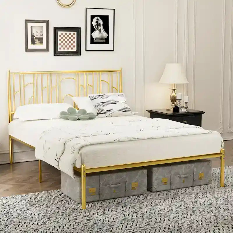 Queen Size Platform Bed Frame with Decorative Finial Posts, Under-Bed Storage, and No Box Spring Needed