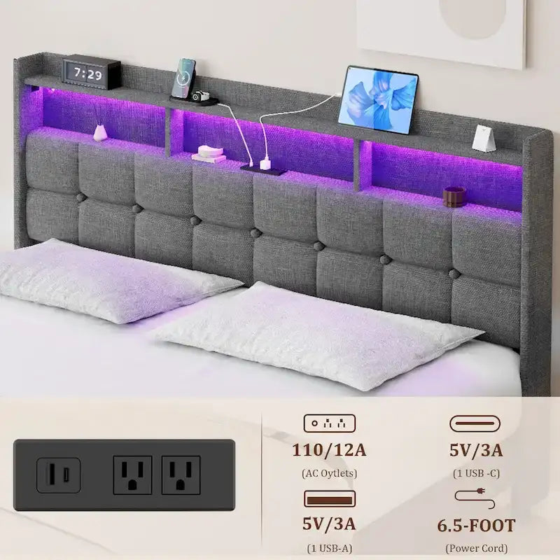 King Size Platform Bed with Fast Charging Station & Storage Headboard , RGB Lighting, 20W USB Ports