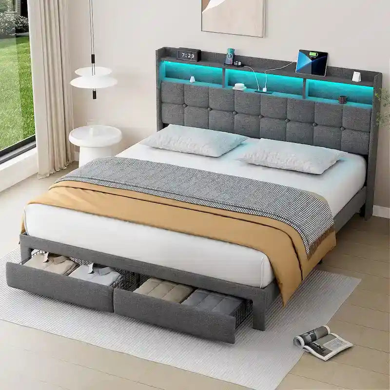 King Size Platform Bed with Fast Charging Station & Storage Headboard , RGB Lighting, 20W USB Ports