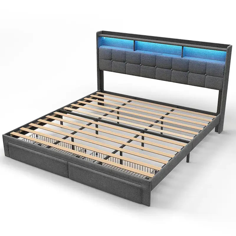 King Size Platform Bed with Fast Charging Station & Storage Headboard , RGB Lighting, 20W USB Ports